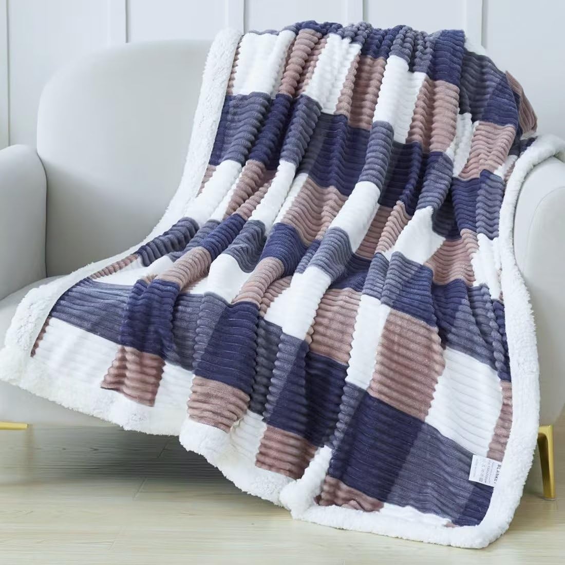 AHERKLL Sherpa Fleece Throw Blanket, 3D Ribbed Jacquard Soft Warm Thick Winter Sherpa Fleece Blankets, Reversible Cosy Fluffy Plaid Blanket for Bed, Sofa, Chair, Couch, Blue Check, Double, 150x200cm