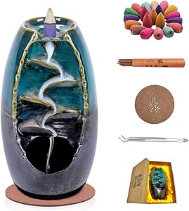 smart-hormarket Ceramic Backflow Incense Burner,Waterfall Handcraft Incense Holder with 50 Cones,30 Sticks,Mat,Gift Box,Tweezer,Aromatherapy Ornament Home Decor for Office Yoga, Relaxation,Meditation