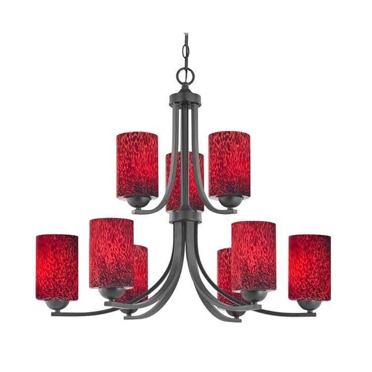 Modern Chandelier with Red Art Glass Cylinder Shades and Nine Lights