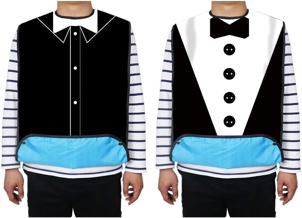 Mens Waterproof Adult Bib, Black Tuxedo with 3D Bowtie, Washable Dining