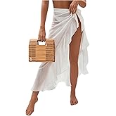 OYOANGLE Women's Mesh Sheer Swimsuit Cover Up Ruffle Tie Side Beach Sarong Wrap Long Skirt