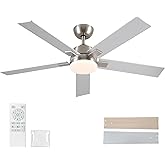 52 Inch Ceiling Fans with Lights and Remote, Brushed Nickel Ceiling Fan, 6 Speed Reversible DC Motor, 3CCT Dimmable LED, Modern Design for Bedroom, Living room & Covered Outdoor,Includes Downrod