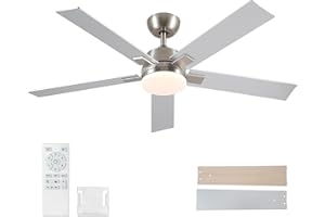 RAYQUEEN 52 Inch Ceiling Fans with Lights and Remote, Brushed Nickel Ceiling Fan, 6 Speed Reversible DC Motor, 3CCT Dimmable LED, Modern Design for Bedroom, Living room & Covered Outdoor,Includes Downrod