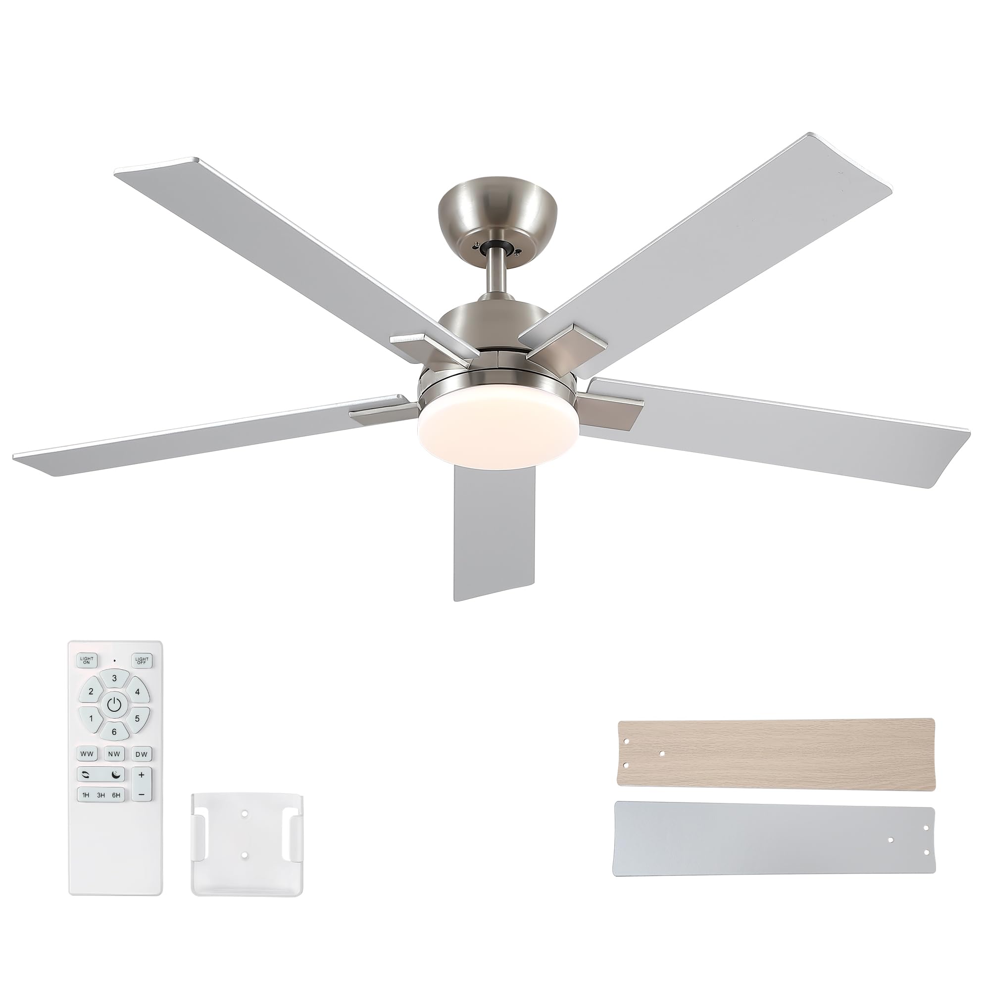 52 Inch Ceiling Fans with Lights and Remote, Brushed Nickel Ceiling Fan, 6 Speed Reversible DC Motor, 3CCT Dimmable LED, Modern Design for Bedroom, Living room & Covered Outdoor,Includes Downrod