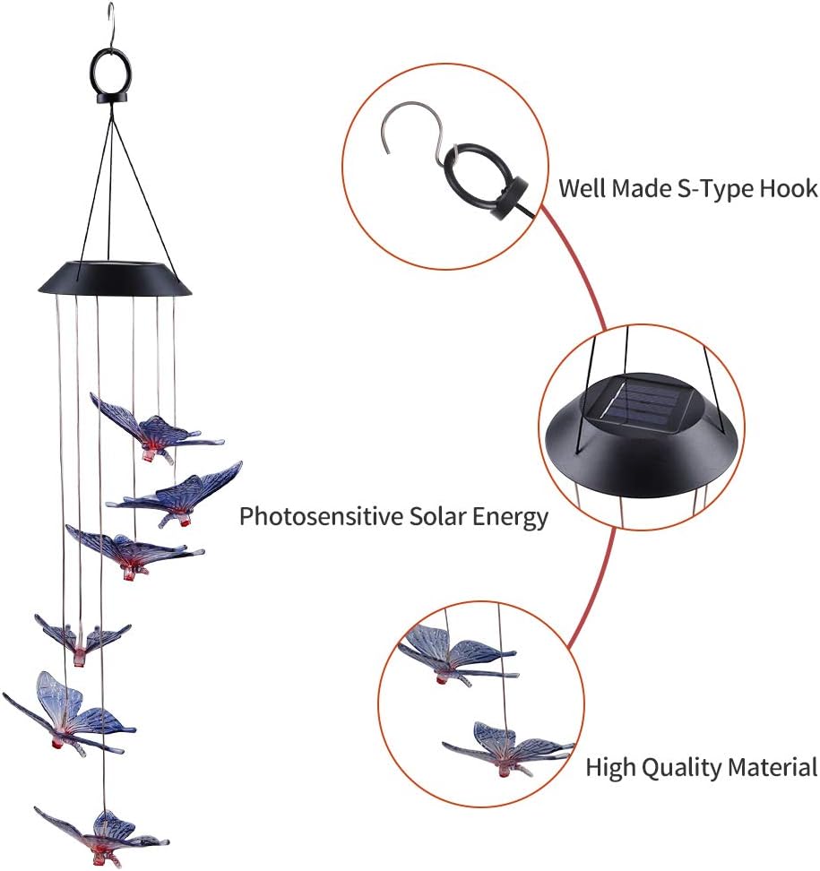 ecoeco LED Solar Butterfly Wind Chime, Wind Chimes Outdoor Changing Color Waterproof Six Hanging Lights Wind Chimes Solar Mobile for Home Party Night Garden Decoration : Garden & Outdoor