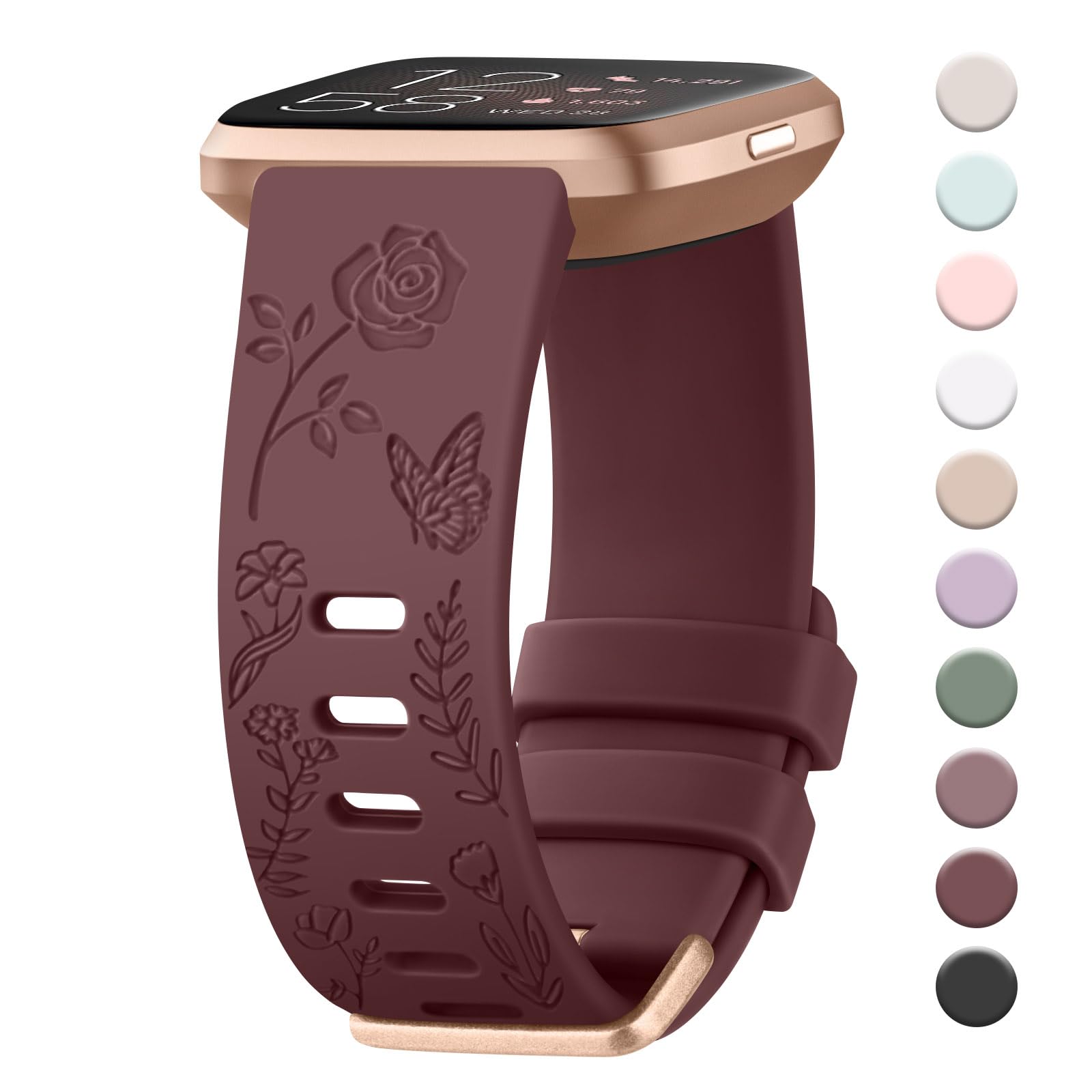 Rose Butterfly Engraved Strap for Fitbit Versa 2 Straps/Fitbit Versa Strap/Fitbit Versa Lite Strap for Women,Soft Flower Silicone S Replacement Compatible with Fitbit Versa Lite/Versa 2(Wine Red)