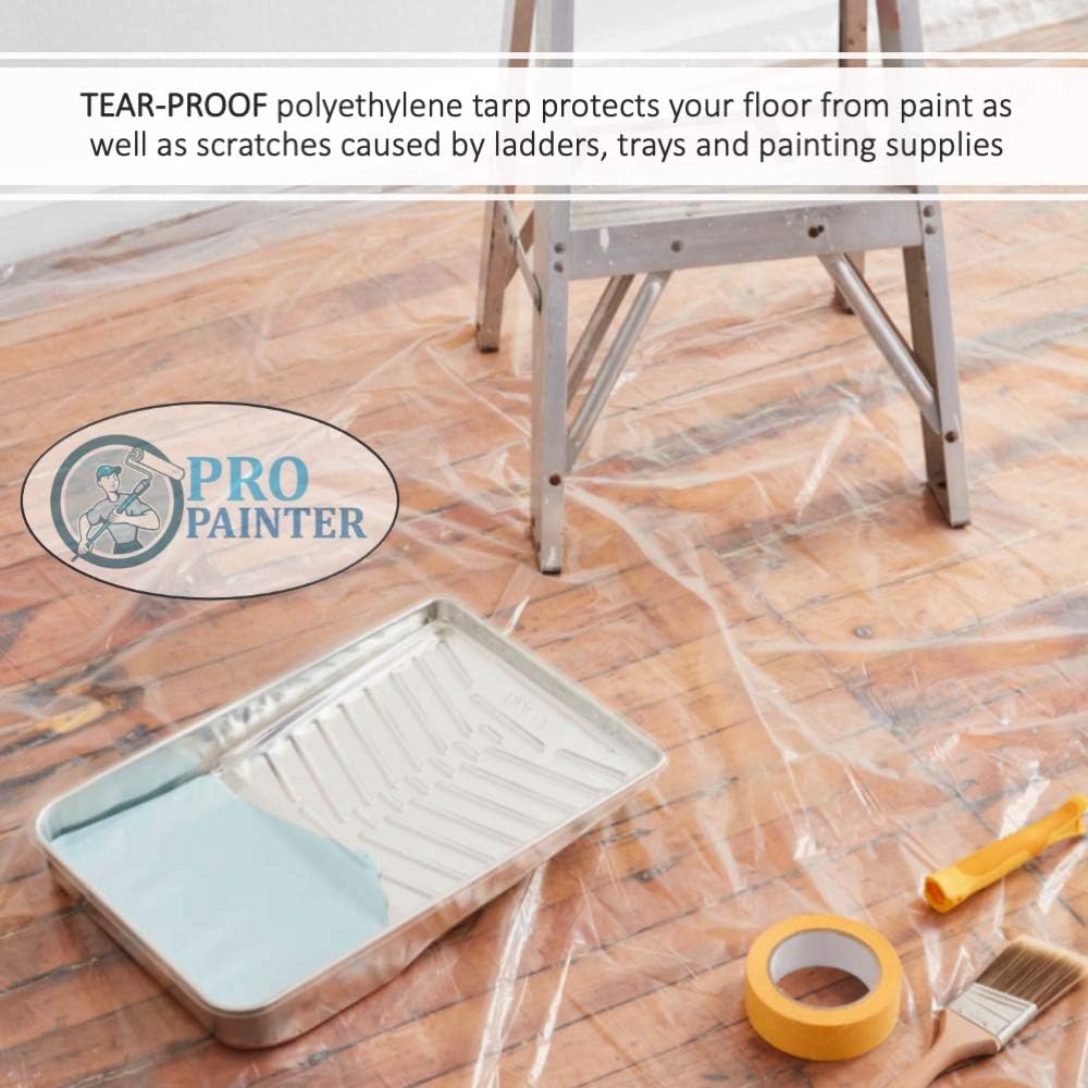 Drop Cloth (3 Pack), Pro Painter 9 Feet x 12 Feet Clear Plastic Drop Cloth 1mm Thickness, Waterproof, Lightweight Plastic Tarp, Painting Tarp, Plastic Cover Sheet for Furniture Floors Patio Workshop - - 