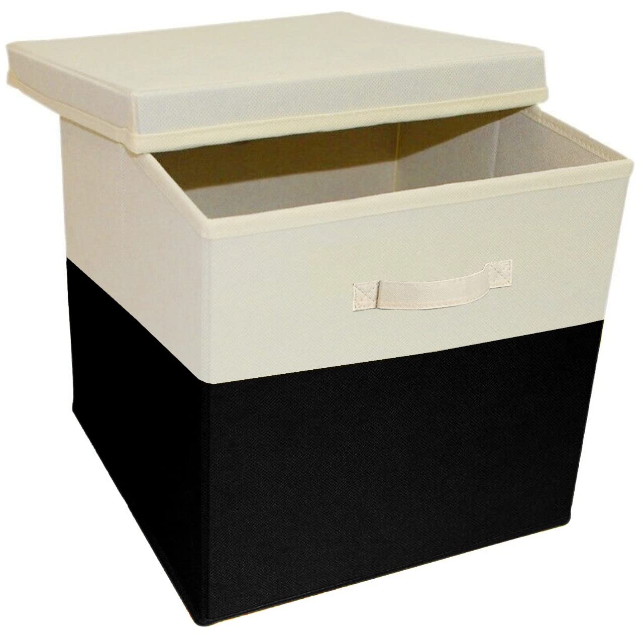 A406 3x Foldable Storage Boxes with Lid Storage Basket with Lid Fabric Cubes with Handles Collapsible Fabric Organiser Clothes Storage Box (Large -30x30x30cm, Beige/Black)