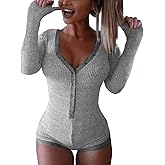 Roselux Women's Sexy Deep V Neck Shorts Long Sleeve Knitted One Piece Bodysuit Sexy Pajama Onesie Bodycon Rompers Overall