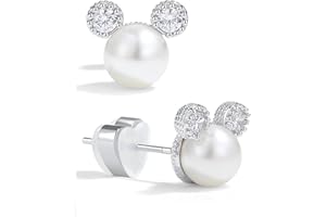 PANSTAR Pearl Earrings for Women - Hypoallergenic 925 Sterling Silver Posts with Pearls & Zircon Gems - Lightweight Mini Mouse Studs with Gift Box
