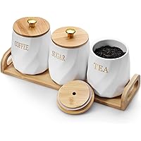 BTSKY Set of 3 Kitchen Canisters Ceramic Food Storage Jars with Wooden Tray, Decorative Coffee Sugar Tea Storage Canisters Ja