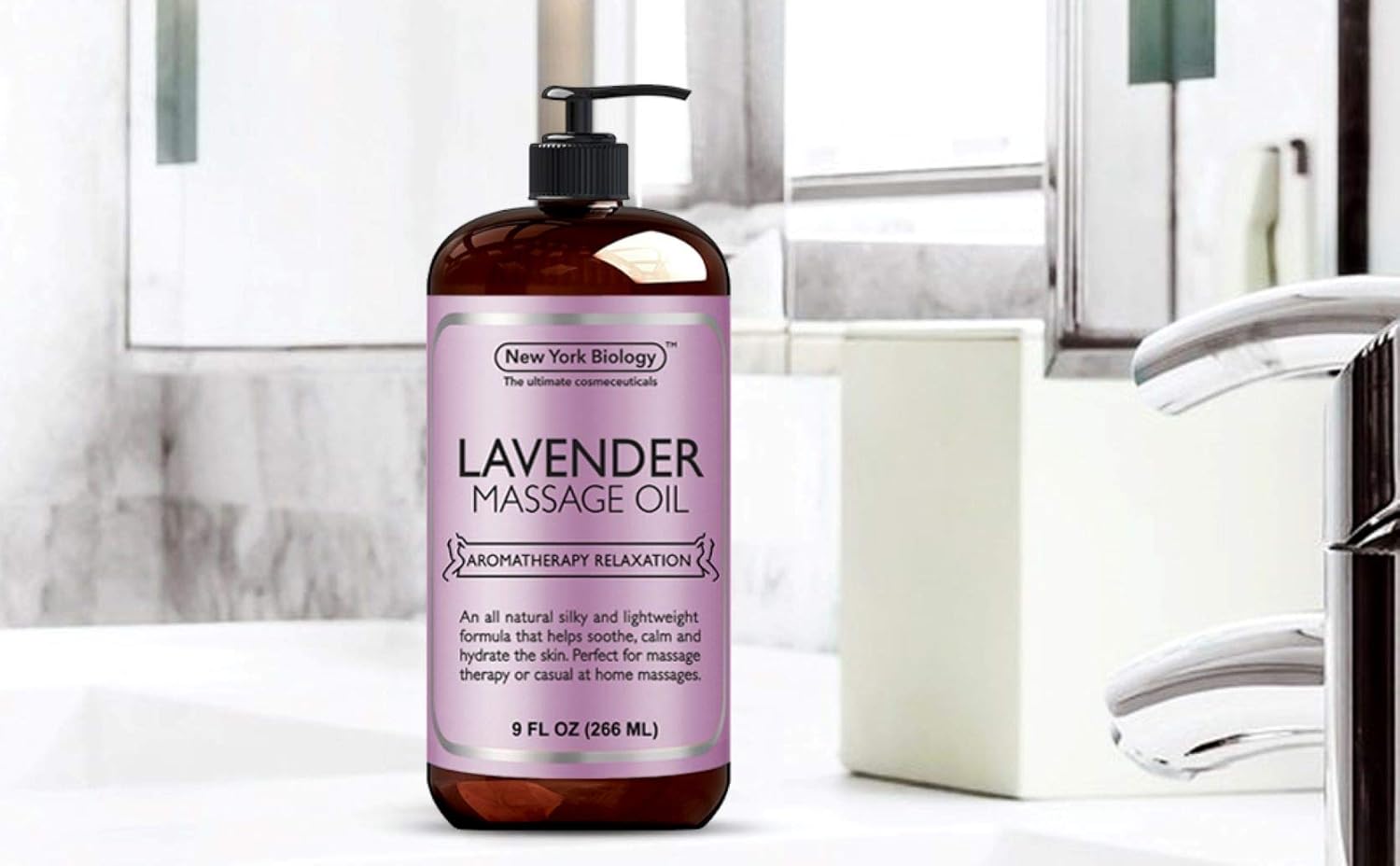 New York Biology Lavender Massage Oil - 100% Natural Ingredients - Sensual Body Oil Made with Essential Oils for Muscle Relaxation and Deep Tissue - 9 oz : Beauty