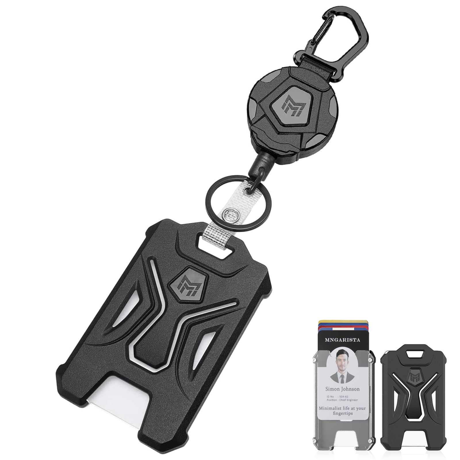 MNGARISTA Retractable Badge Holder, Heavy Duty Carabiner Keychain, Tactical ID Card Holder with 31.5" Retractable Badge Reel, Black
