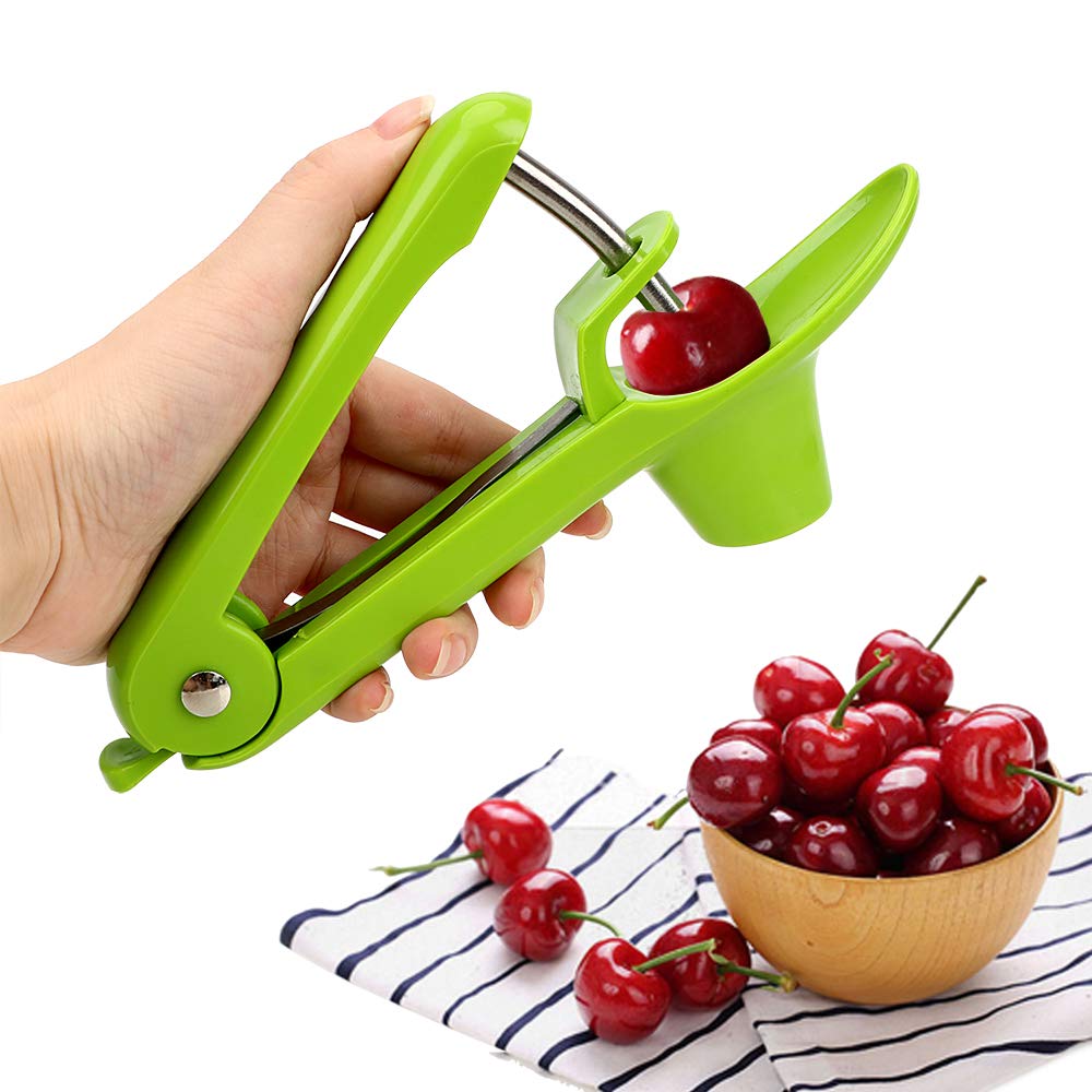 MEETOZ Cherry and Olive Pitter Tool - Kitchen Core Remover With Space-Saving Lock Design for Seed, Pit, Stone - Portable Kitchen Aid (Green)