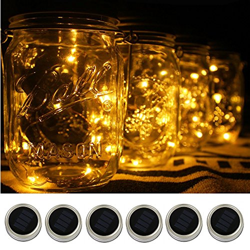 6-Pack Solar-powered Mason Jar Lights (6 Hanger Included / No Jar),10 LEDs Warm White Jar Hanging Light,Solar Fairy Firefly Lights Lids Insert Fit for Regular Mouth Jars for Decor Solar Table Light