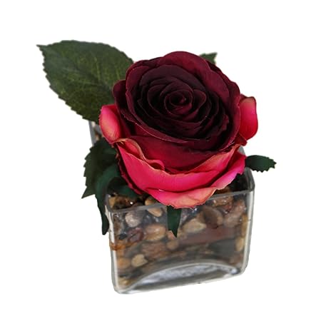 6 Artificial Red Rose Flower Arrangement In Square Glass Vase