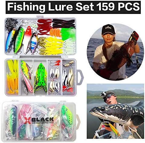 XBLACK Fishing Lure Kit 347pcs Fishing Lure Baits/Tackle Hard Soft Plastic Fishing Lure VIB Frog Lures Spoonbait with Sharp Treble Hooks in Saltwater Freshwater for Bass Trout Salmon with Tackle Box