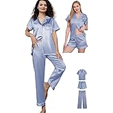 WJing Yi Jia Womens Pajama Sets 3Pcs Silk Satin Pajamas Set XS-2XL Sleepwear Silky Pj Sets Nightwear Pjs Loungewear