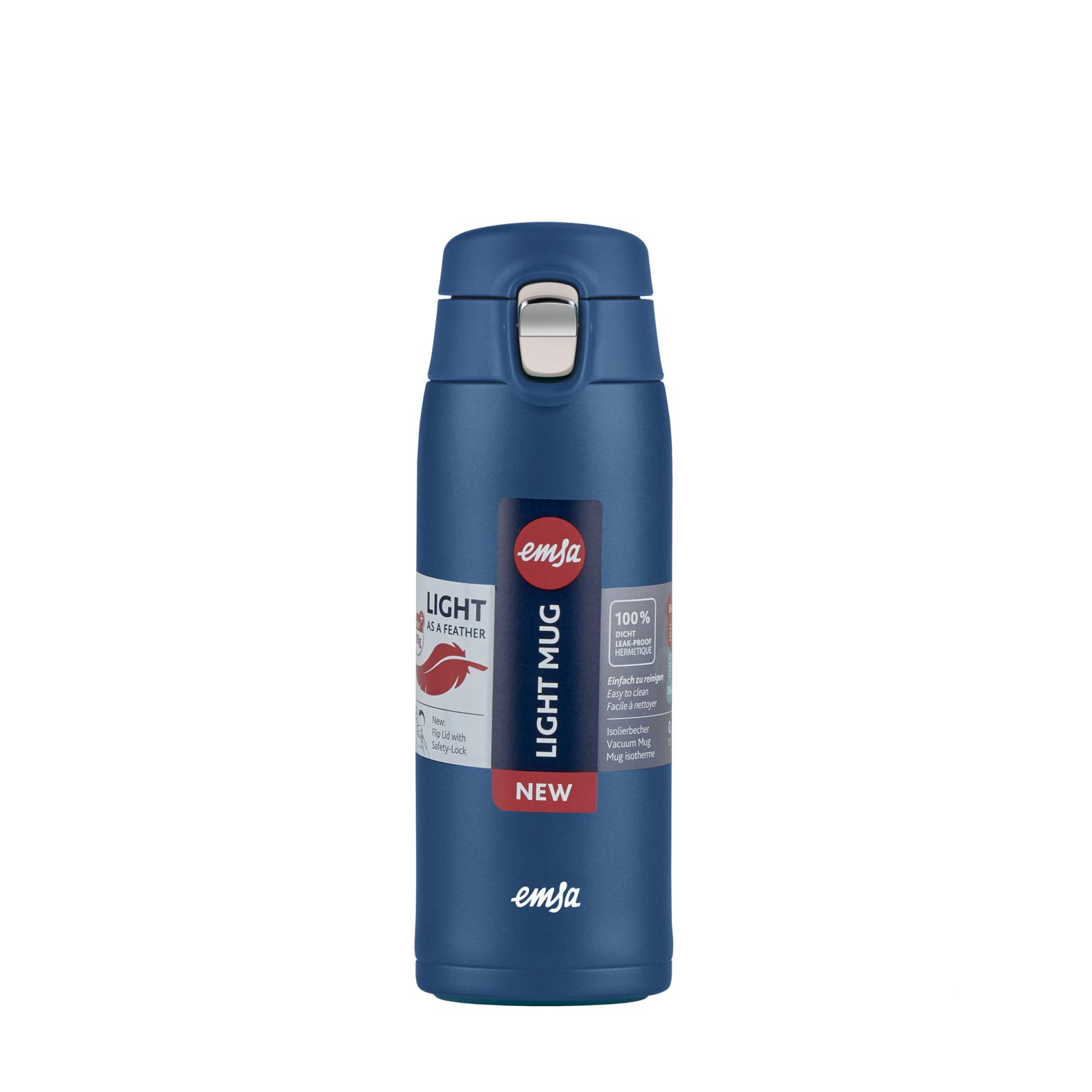 Emsa N21509 Travel Mug Light Thermo/Isolierbecher aus Edelstahl, 0,4 Liter, 8h heiß, 16h kalt, 100 Prozent dicht, auslaufsicher, spülmaschinengeeignet, Klappverschlussystem, Blau, 1 Stück (1er Pack) 9