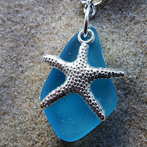 Blue cobalt sea glass ocean amulet talisman necklace for girls and women on a 24" silver color chain with nautical starfish delicate elegant young beach prime handmade seaglass jewelry mascot