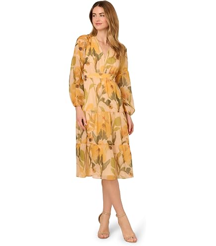 Adrianna Papell Printed Floral Chiffon Wrap Dress with Ruffle Hem Black Multi 10 at Amazon Women's Clothing store