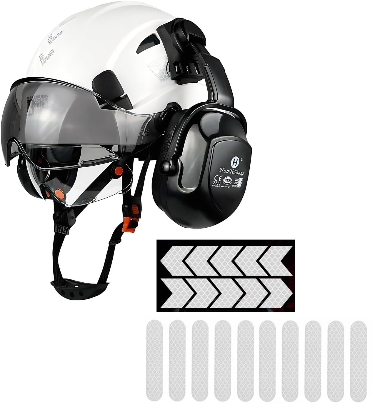 Hard Hat Safety Helmet with Dual Visor & Ear Defenders, Vented Construction Hardhat for Work, Head Protection ANSI Z89.1 Certified + Free Reflective Stickers white hard hat UK Certified, chin strap
