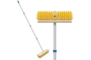Deck Scrub Brush Broom, 9" x 2.75" Head - Long Handle, Stiff Bristles Outdoor Scrubber for Dirt, Grime, Grout, Leaves, Snow, 