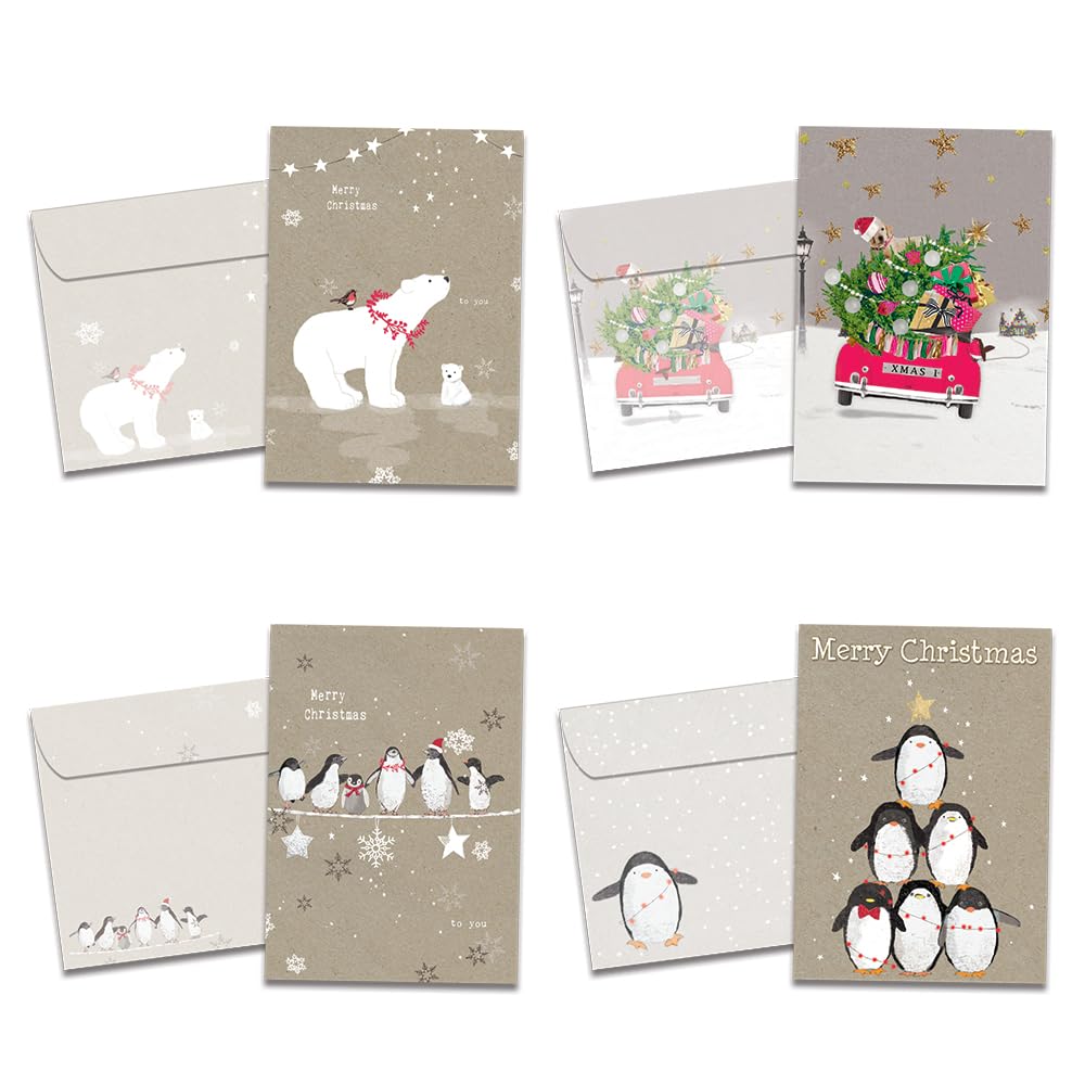 Tree-Free Greetings 16 Pack 5”x7” Holiday Card Assortment with Matching Envelopes,Made in USA,100% Recycled Paper,Whimsical Kraft (GP54094)
