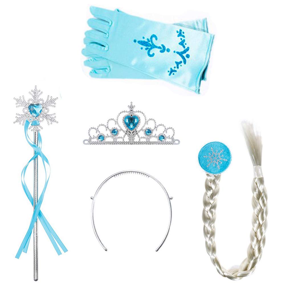 Amaoma Elsa Dress up Accessories Set of 4 Queen Elsa Frozen Costume Accessory Elsa Princess Crown Gloves Magic Wand Hair Braid Princess Dress-up Party Accessories for Party Cosplay (Blue)