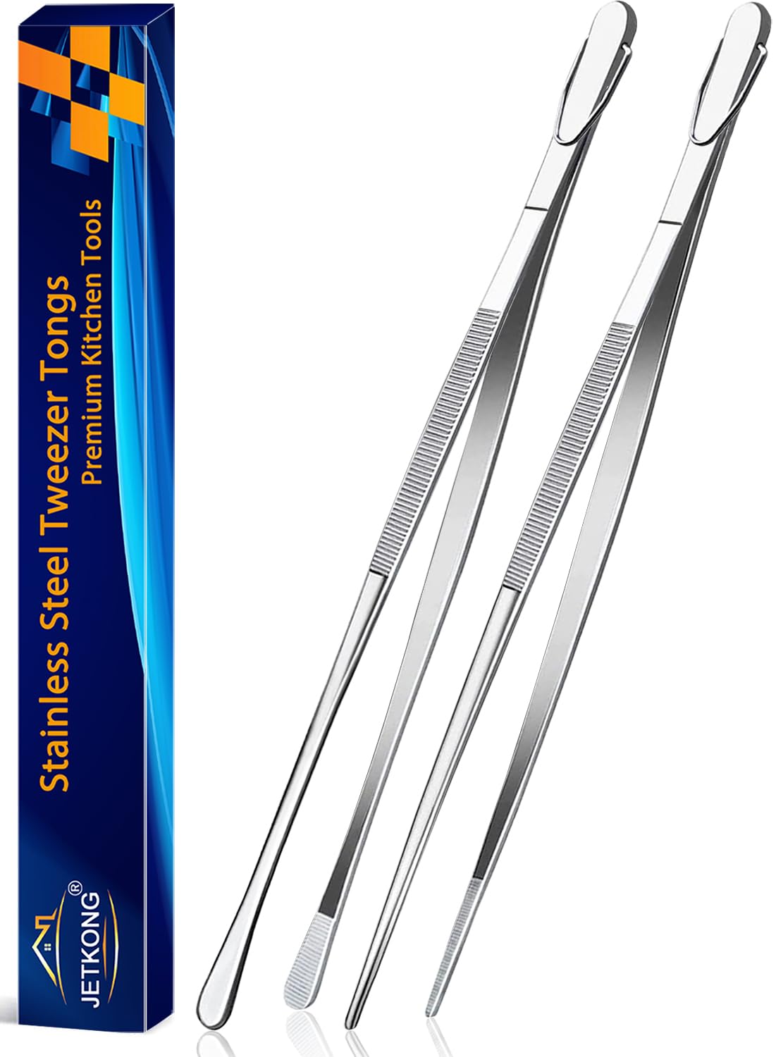 JETKONG 2 Pcs 16-Inch Kitchen Tweezers Extra Long Tweezer Tongs, Heavy Duty Stainless Steel Cooking Tweezers (Silver)