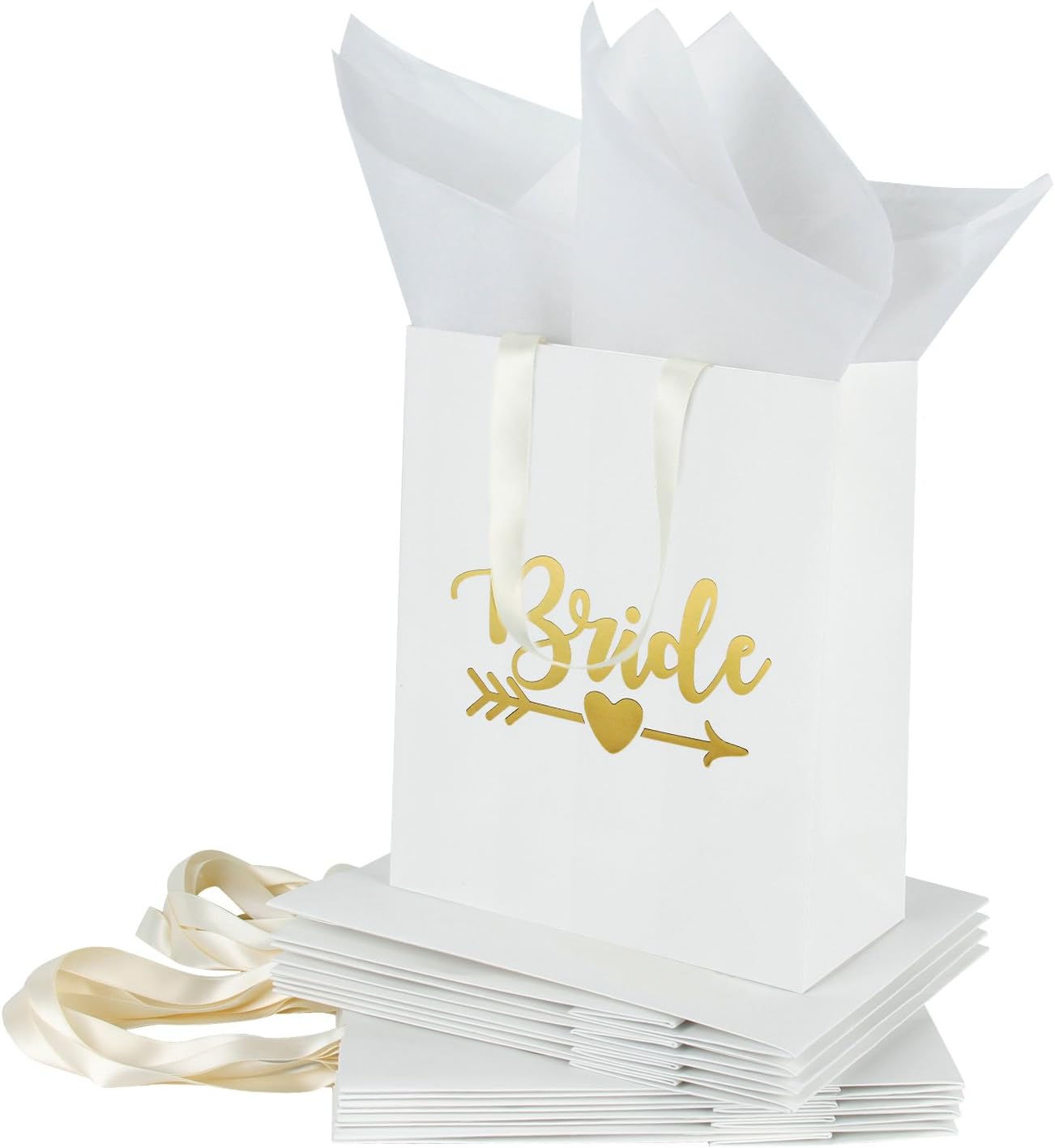 Loveinside Medium Kraft Gift Bags -Bride Gold Foil White Paper Gift Bag with Tissue Paper - Wedding,Party Favor,Bridal Shower Gifts-12Pack -8" X 4" X 10"