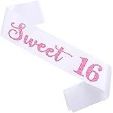 FSJJLLU Sweet 16 Birthday Sash for Girls,16th Birthday Sash White with Pink Glitter Letters 16th Birthday Party Gifts Birthday Party Supplies for Girls