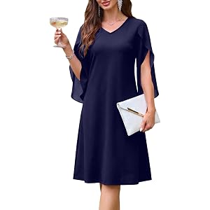 oten Women's V Neck Chiffon Sleeve Cocktail Wedding Guest Midi Dresses | A-Line, 3/4 Sleeve, Loose Fit, Wear Tea Party, Eveni