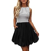 Evzeiem Women's Casual Bubble Mini Dress with Pockets Sleeveless Bubble Hem Striped Tank Short Dresses Summer