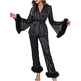 Verdusa Women's 2 Piece Tulle Trim Satin Pajama Set Ruffled Mesh Long Sleeve Belted Top and Pants