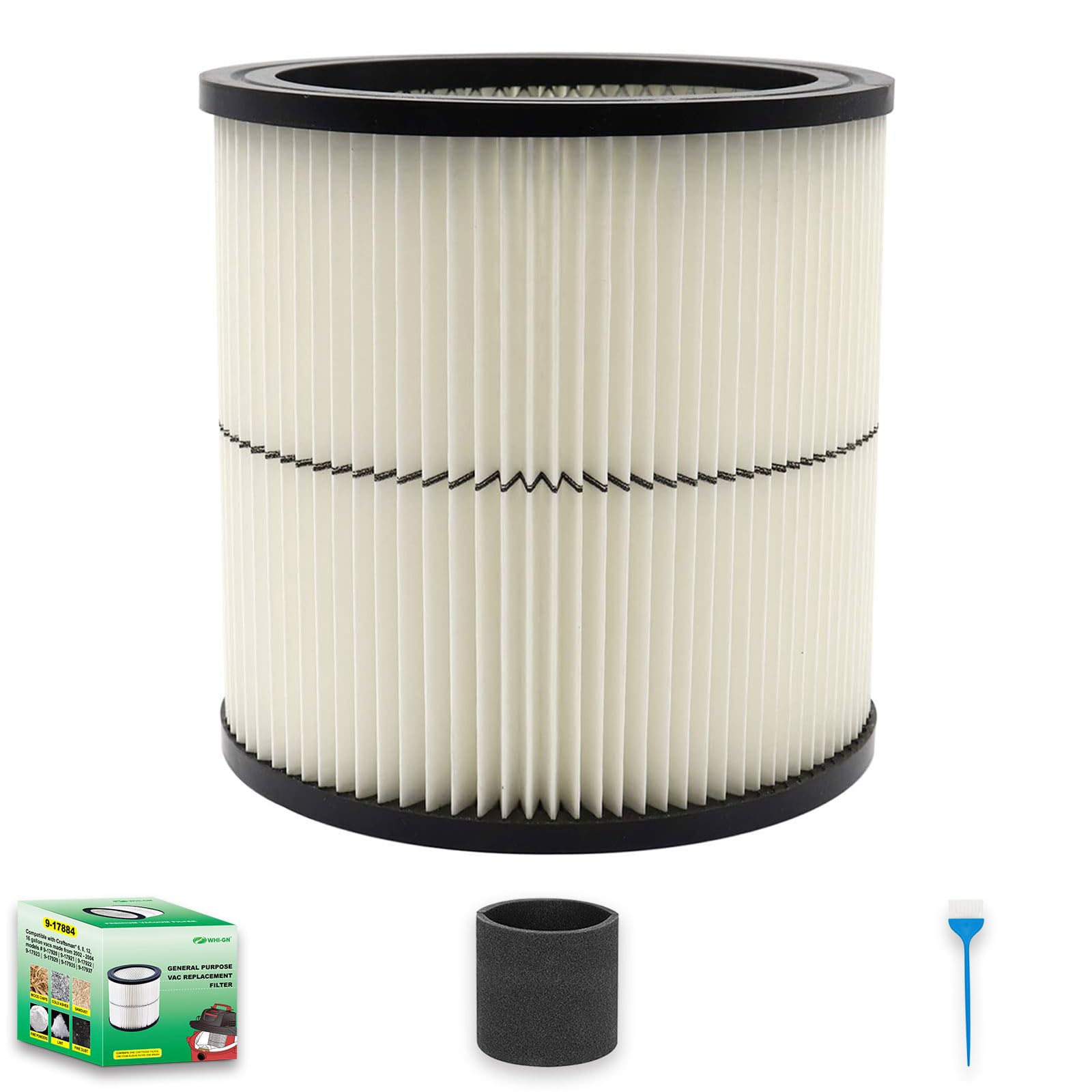 Photo 1 of 1 Pack 17884 Vacuum Cartridge Filter Replacement for Craftsman shop vac filter 9-17884 17935 17937 17920 for 6 Gallon & Larger Wet/Dry Vacs + 1 Pack Foam Sleeve Filter for Most Branded Vacuums