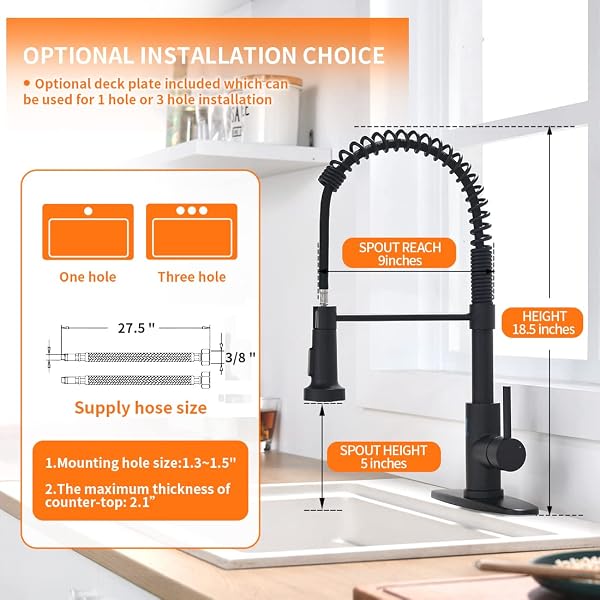 OWOFAN MATTE BLACK KITCHEN FAUCET WITH PULL DOWN SPRAYER – COMMERCIAL SINGLE HANDLE SPRING KITCHEN SINK FAUCETS, MODERN HIGH ARC LAUNDRY UTILITY FAUCET, 1 OR 3 HOLE DECK PLATE INCLUDED 9009R