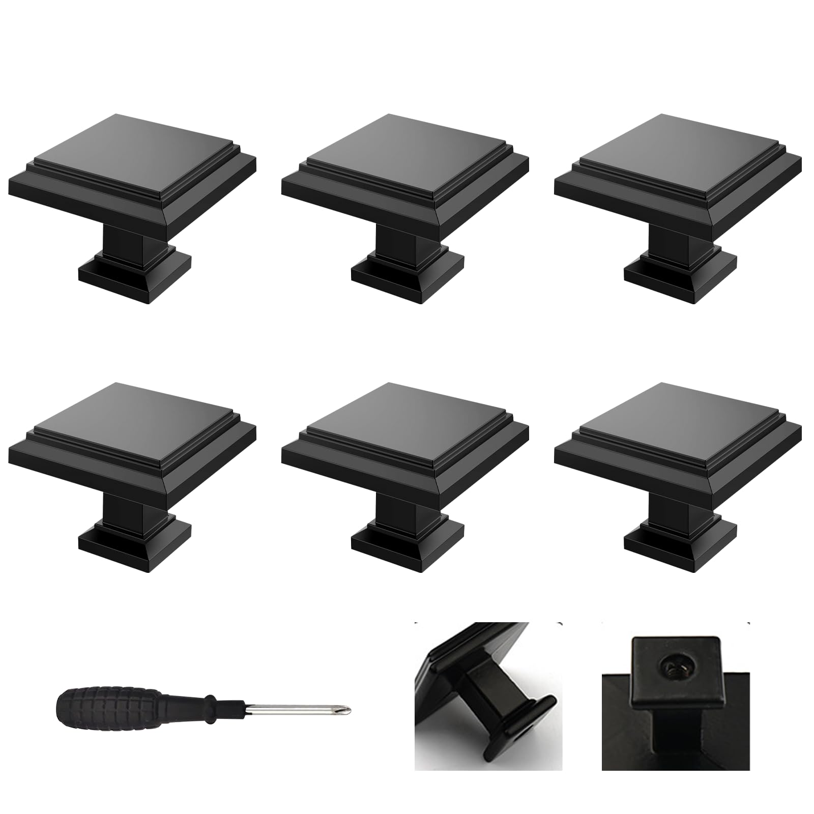 Wondora 6-Piece Black Square Cabinet Knobs with Screws and Screwdriver, Suitable for Kitchen Cabinets, Wardrobes, Drawers and Wine Coolers