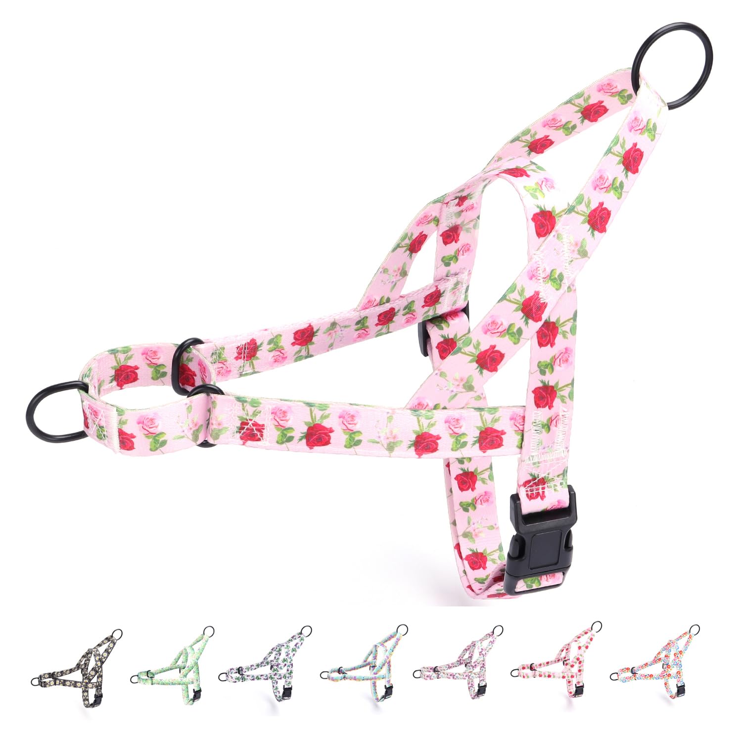 haoyueer No Pull Dog Harness for Small, Medium, and Large Pets - Floral Pattern Nylon Safety Training Harness (Roses, M)