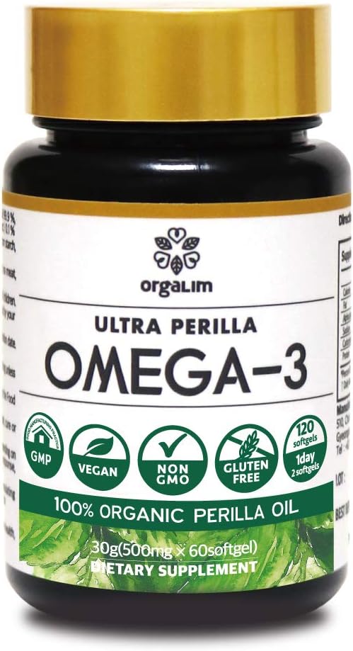 Orgalim Omega 3, 100% Organic Vegetable Perilla Seed Oil 500mg,Vitamin E / 60capsule / ALA(Alpha Linolenic Acid), Non-GMO, Burpless, GMP-Certification