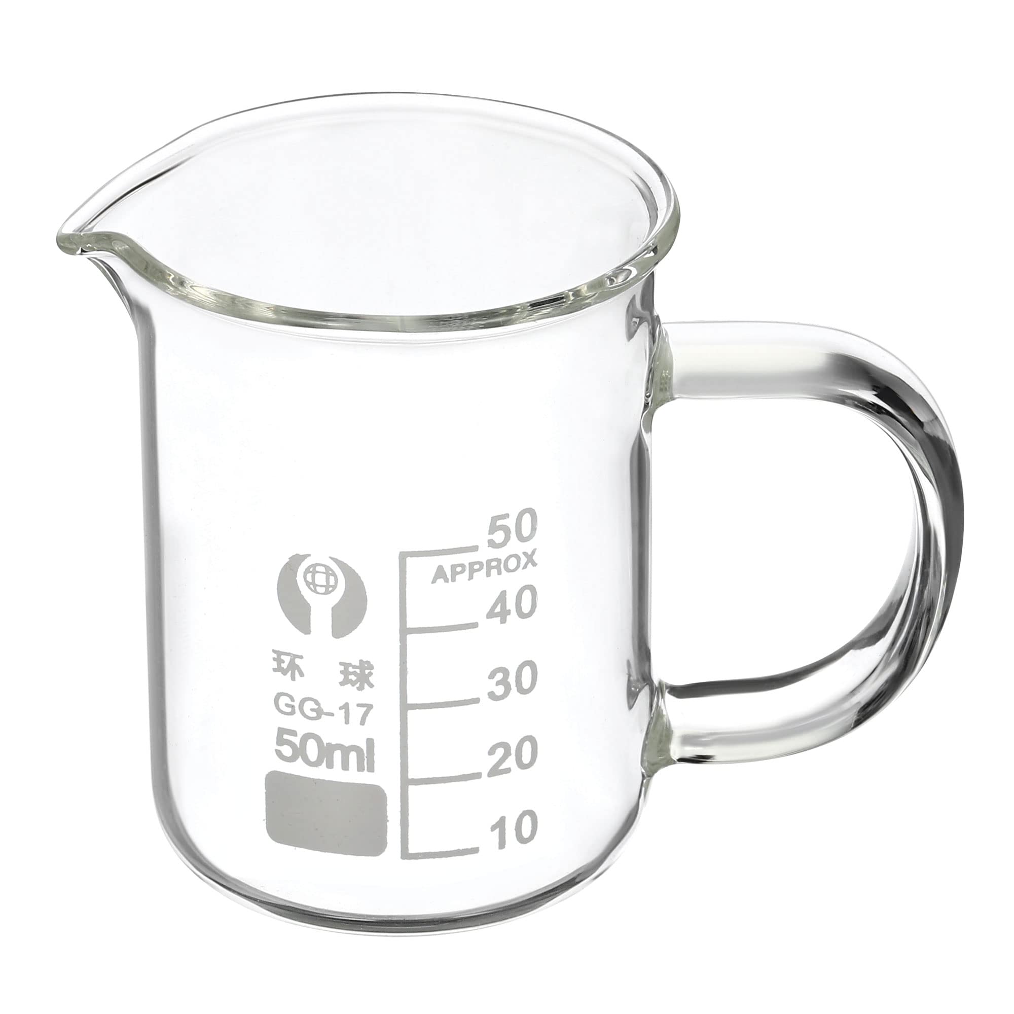 PATIKIL 50ml Glass Beaker with Handle, 3.3 Borosilicate Glass Graduated Printed Scale Measuring Cups with Spout for Kitchen Lab Liquids Transit Boiling