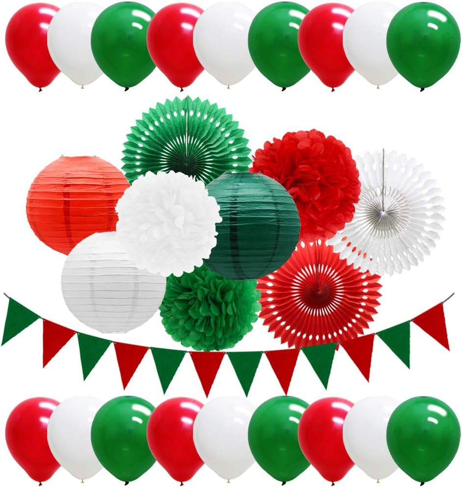 Meiduo Red Green White Christmas Fiesta Brands Mexican Italian Party Decorations Paper Fans Lanterns Flower Pom Poms Felt Pennant Balloons for Graduations St. Patrick's Day Birthday Baby Shower: Health & Personal Care