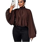 GORGLITTER Women's Plus Size Blouses Business Casual Fall Mesh Lantern Long Sleeve Mock Neck Work Office Shirt Tops