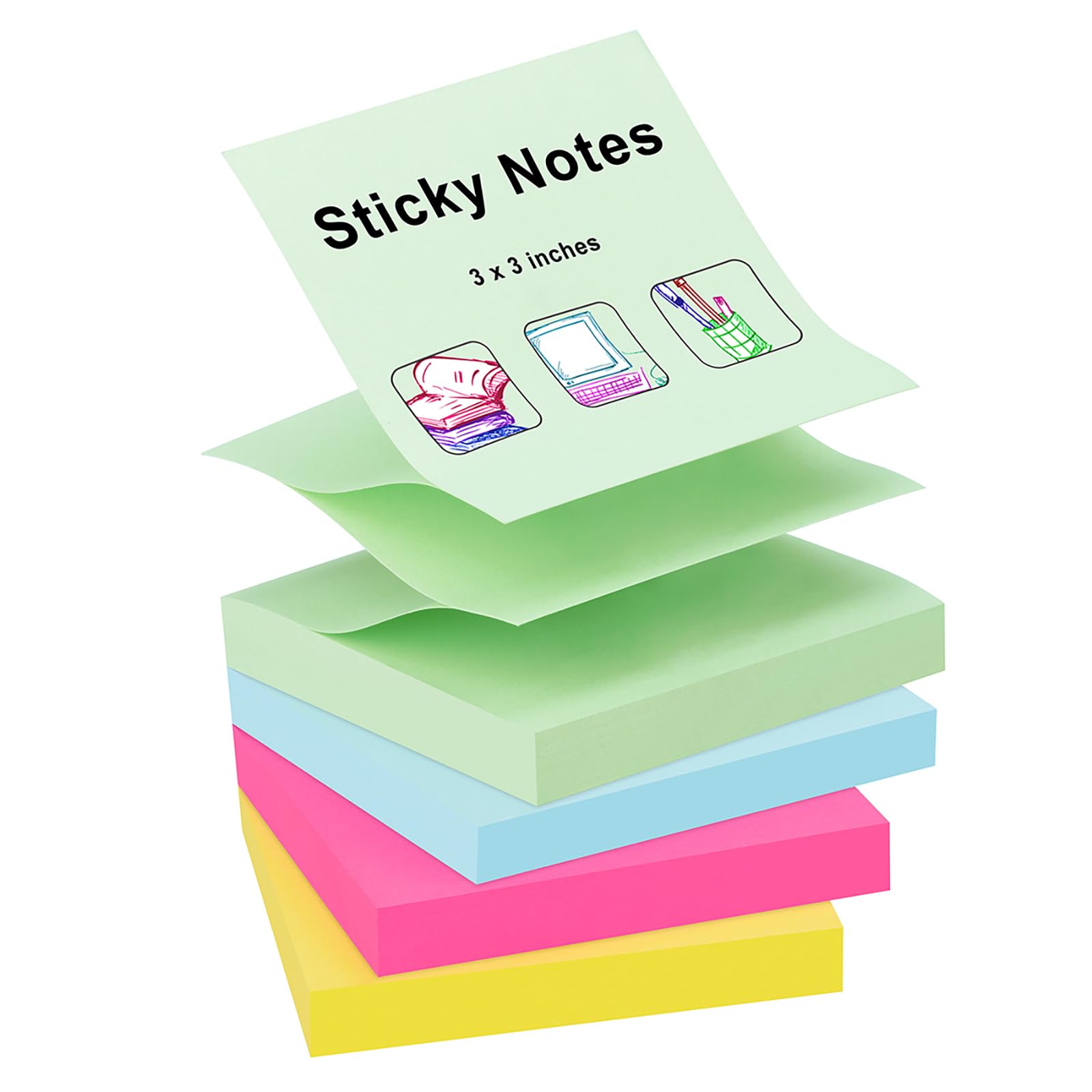 ZCZN Pop-up Sticky Notes 76 x 76 mm, 4 Pads Assorted Colours Self-Stick Notes, 100 Sheets/Pad (Rose Red,Yellow,Light Green,Light Blue)