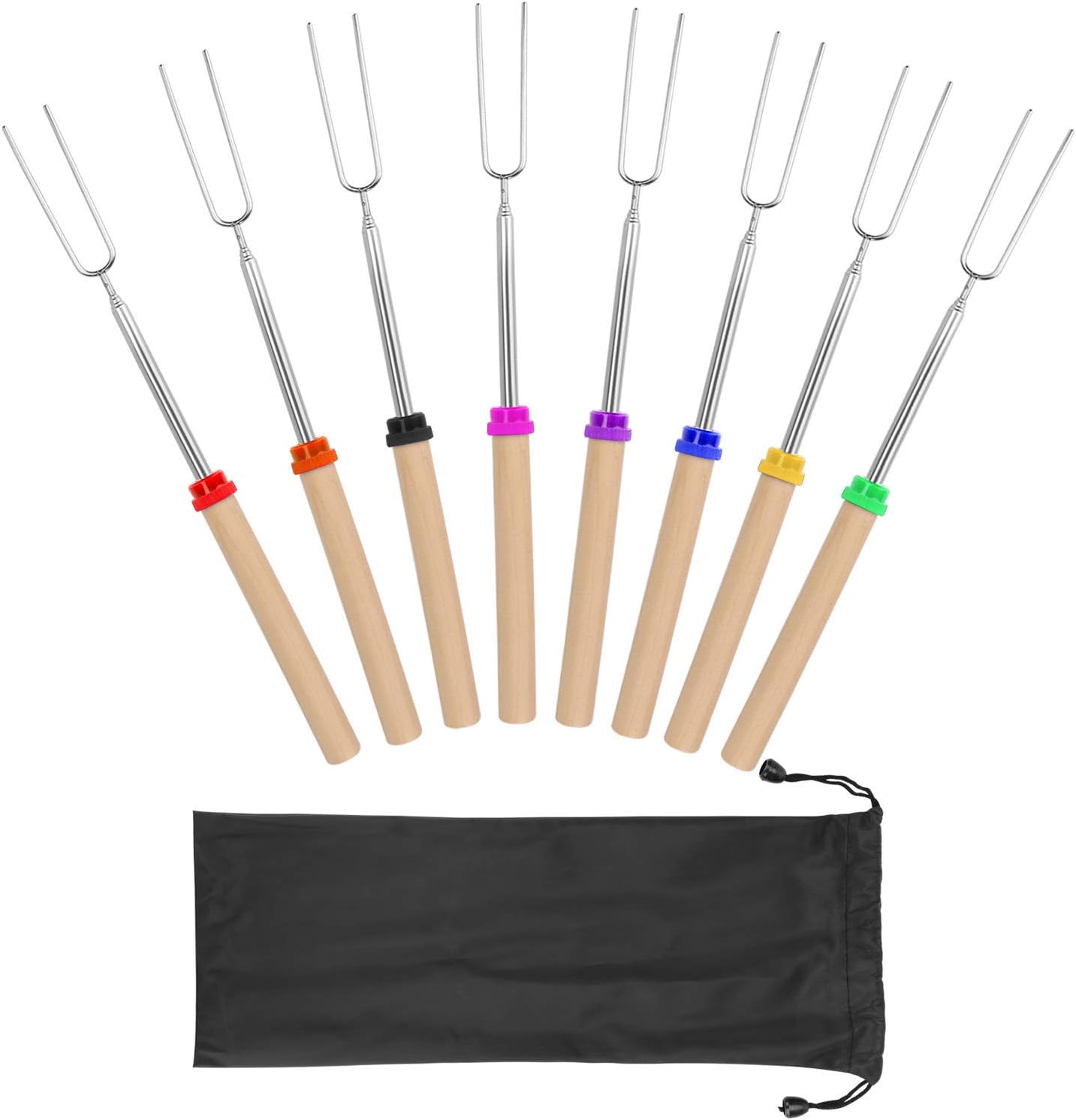 Coindivi Marshmallow Roasting Sticks, Smores Skewers Telescoping Rotating Forks Set of 8 Hot Dog Fire Pit Outdoor Fireplace Campfire Accessories-8 Multicolored 32 Inch Extendable Steel Fork Camping