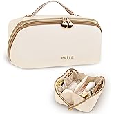 Prite Makeup Bag for Women Travel Waterproof Vegan Leather Cosmetic Bag Open Flat Toiletry Bag With Clear Divider and Handle (Large Beige)