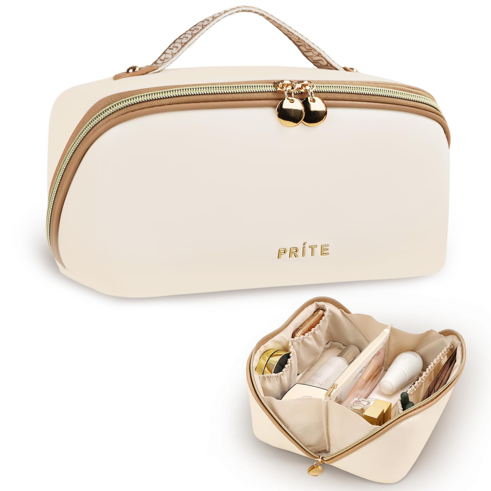 Photo 1 of Prite Makeup Bag for Women Travel Waterproof Vegan Leather Cosmetic Bag Open Flat Toiletry Bag With Clear Divider and Handle (Large Beige)