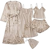 GORGLITTER Women's 5 Piece Floral Print Satin Silk Pajama Set Nightgown Robe Cami Shorts Sleepwear Pj Sets