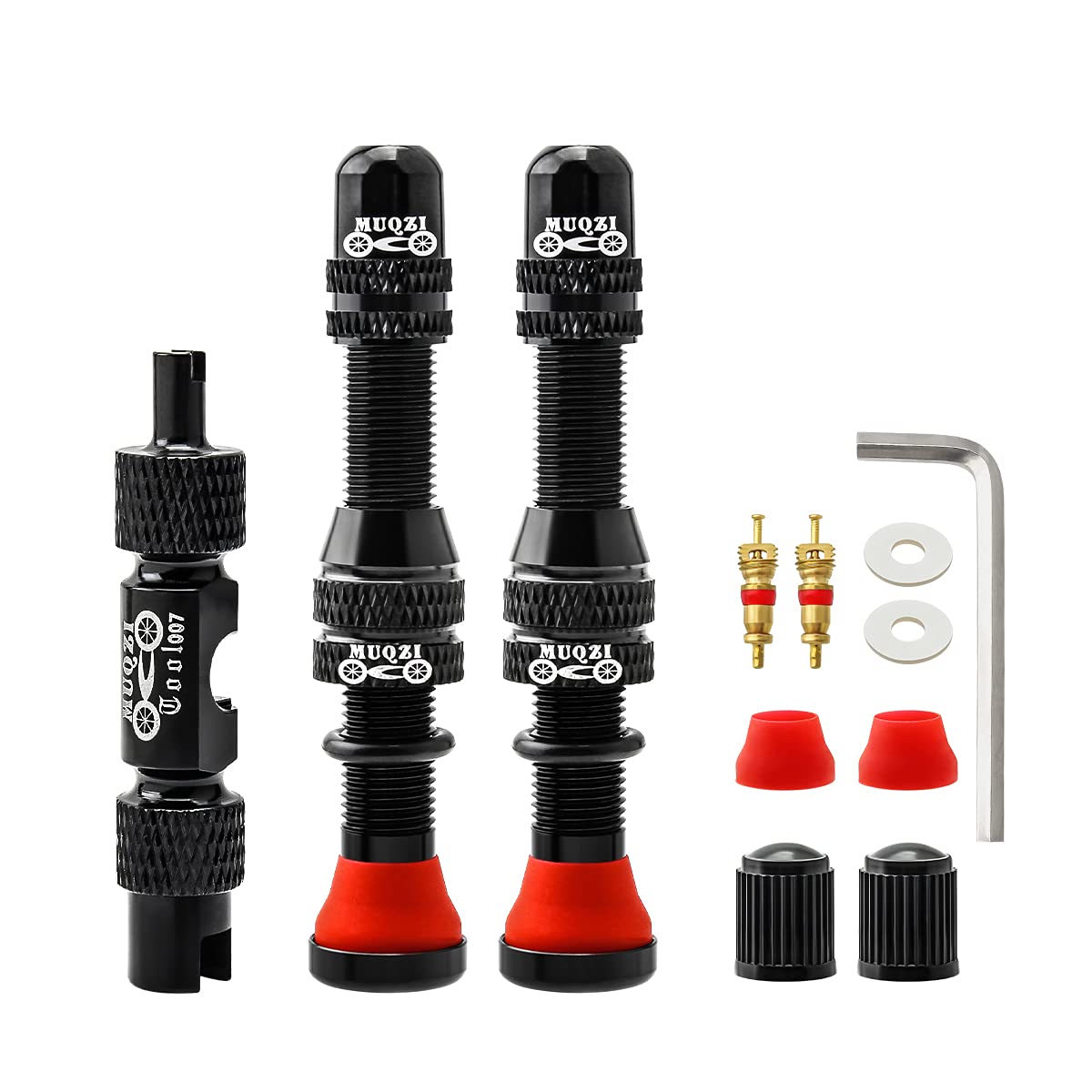 MUQZI Tubeless Schrader Valve Stems Kits - Alloy 60mm Bike No Tubes Valve Schrader Stems Universal for MTB Rim Tubeless Valve with Removal Tool, Black