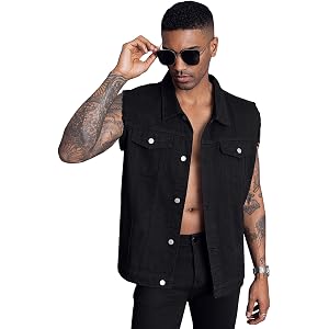 LONGBIDA Men's Denim Motorcycle Jean Vest Sleeveless Distressed Ripped Slim Fit Jacket Casual Trucker Outerwear